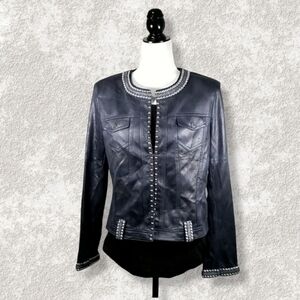 Ness Women's Jacket Size S Faux Leather Dark Blue Dome Studded Round Neck